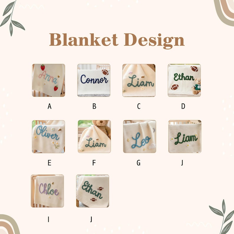 May include: A collection of personalized baby blankets with embroidered names and decorative elements. Each blanket features a different name, such as "Anna", "Connor", "Liam", and "Ethan", along with embellishments like strawberries, flow