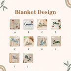 May include: A collection of personalized baby blankets with embroidered names and decorative elements. Each blanket features a different name, such as "Anna", "Connor", "Liam", and "Ethan", along with embellishments like strawberries, flow