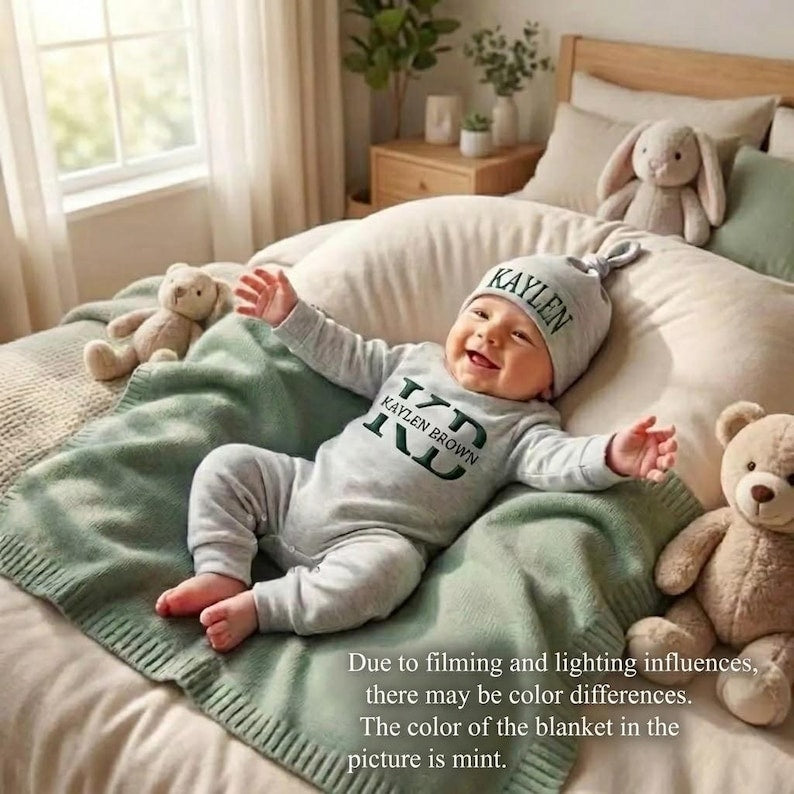 Personalized Organic Cotton Baby Name Outfit Set with Knit Blanket, Newborn Romper & Hat, Coming Home Gift Set image 10