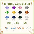 May include: Image displaying yarn color options and motif choices. Yarn colors include violet, purple, pink, gray, mint, gold, black, brown, blue, navy, green, and white. Motif options include a sailor bear, seashells, a crab with a bucket