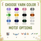 May include: Image displaying yarn color options and motif choices. Yarn colors include violet, purple, pink, gray, mint, gold, black, brown, blue, navy, green, and white. Motif options include a sailor bear, seashells, a crab with a bucket