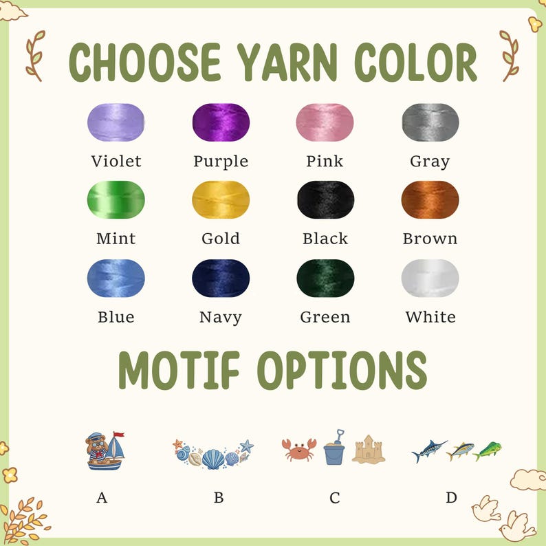 May include: Image displaying yarn color options and motif choices. Yarn colors include violet, purple, pink, gray, mint, gold, black, brown, blue, navy, green, and white. Motif options include a sailor bear, seashells, a crab with a bucket