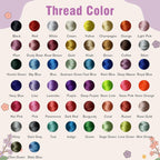 May include: A color chart displaying a variety of thread colors, including black, red, white, and cream. The chart is labeled "Thread Color" and features a range of hues, such as neon lime, hot pink, and navy blue.