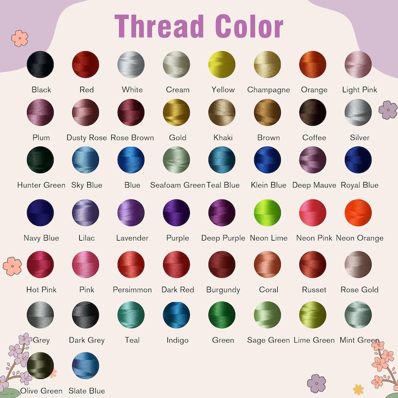 May include: A color chart displaying a variety of thread colors, including black, red, white, and cream. The chart is labeled "Thread Color" and features a range of hues, such as neon lime, hot pink, and navy blue.