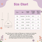 May include: A size chart for baby clothing, featuring measurements in inches. The chart includes sizes from newborn to 12 months, with corresponding height, romper length, and chest measurements. A hat illustration is also included, with d