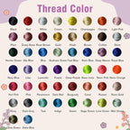 May include: A color chart displaying a variety of thread colors, including black, red, white, and cream. The chart is labeled "Thread Color" and features a range of hues like neon lime, hot pink, and navy blue.