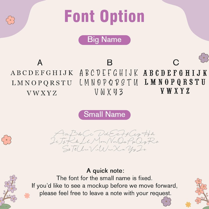 May include: Font options graphic with three "Big Name" font choices: A, B, and C, and a "Small Name" font option. The text "Font Option" is at the top. A note states the small name font is fixed.