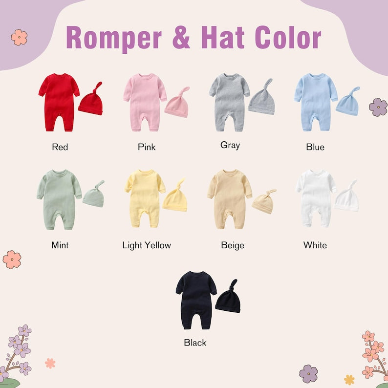 May include: A variety of baby rompers and matching hats in various colors, including red, pink, gray, blue, mint, light yellow, beige, white, and black. The text "Romper & Hat Color" is displayed at the top.