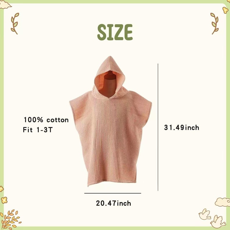 May include: A light peach-colored hooded towel made of 100% cotton, designed for children aged 1-3T. The towel measures 31.49 inches in height and 20.47 inches in width. The word "SIZE" is printed at the top.
