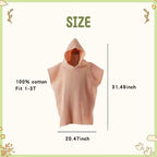 May include: A light peach-colored hooded towel made of 100% cotton, designed for children aged 1-3T. The towel measures 31.49 inches in height and 20.47 inches in width. The word "SIZE" is printed at the top.