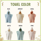 May include: Image showing six hooded waffle-weave towels in various colors: blue, apricot, coral, white, green, and pink. The text "TOWEL COLOR" is at the top. Each towel is displayed on a mannequin.
