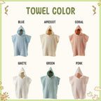 May include: Image showing six hooded waffle-weave towels in various colors: blue, apricot, coral, white, green, and pink. The text "TOWEL COLOR" is at the top. Each towel is displayed on a mannequin.