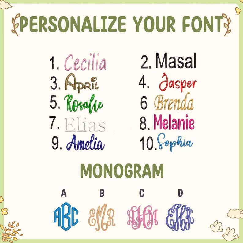 May include: A light green background with the text "PERSONALIZE YOUR FONT". The image displays a variety of names in different fonts and colors, along with monogram options labeled A, B, C, and D. The names include Cecilia, April, Rosalie,