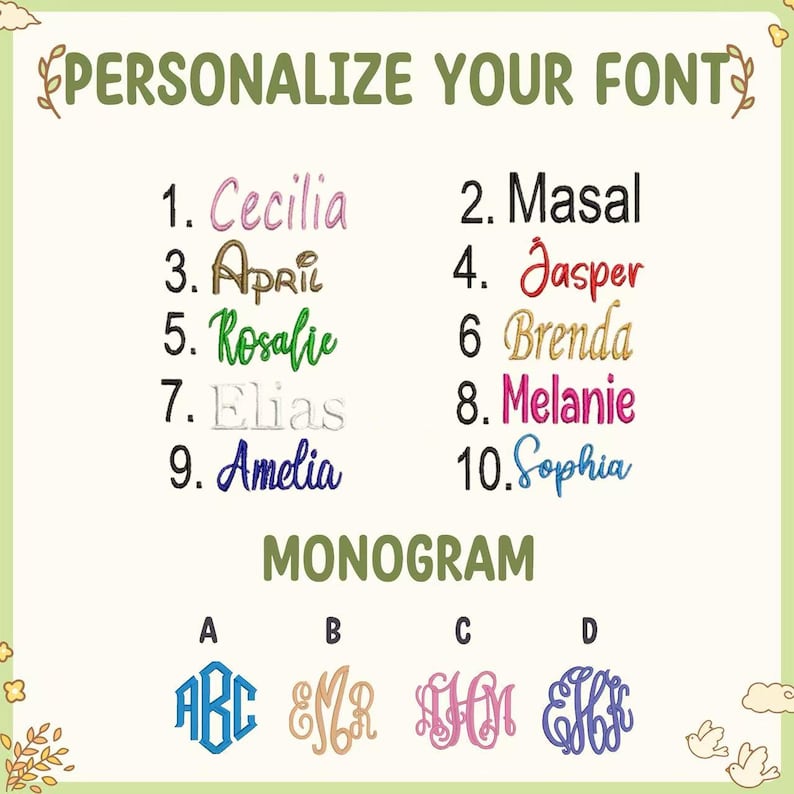 May include: A light green background with the text "PERSONALIZE YOUR FONT". The image displays a variety of names in different fonts and colors, along with monogram options labeled A, B, C, and D.