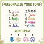 May include: A light green background with the text "PERSONALIZE YOUR FONT". The image displays a variety of names in different fonts and colors, along with monogram options labeled A, B, C, and D. The names include Cecilia, April, Rosalie,