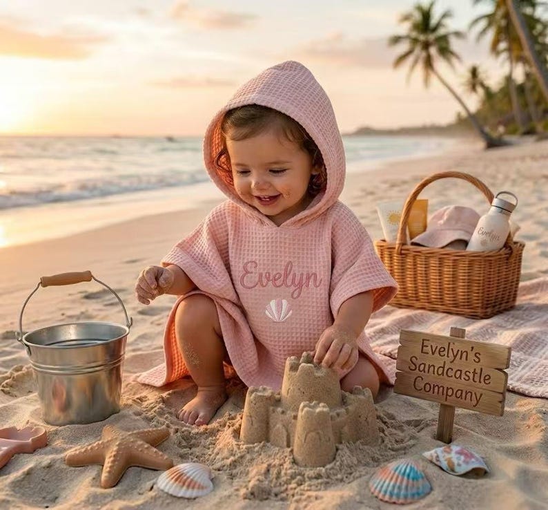 May include: A baby wearing a pink hooded beach towel with the name "Evelyn" embroidered on it, playing on a sandy beach. A sandcastle, a metal bucket, and a basket with a hat and bottle are nearby. A sign reads "Evelyn's Sandcastle Company
