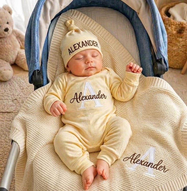 May include: A baby wearing a pale yellow long-sleeve onesie and a matching beanie, both personalized with the name Alexander in dark brown text. The baby is resting on a cream-colored knit blanket that also features the name Alexander and 