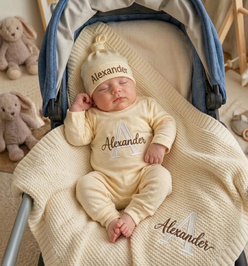 May include: A cream-colored long-sleeve onesie and matching beanie set featuring the name Alexander embroidered in brown thread. The onesie displays a large letter A with the name Alexander, and a matching cream knit blanket features the s