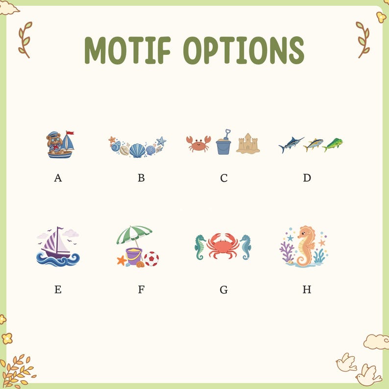 May include: Image with the text "MOTIF OPTIONS" above eight colorful beach-themed illustrations. The illustrations include a sailboat, seashells, a crab, a sandcastle, fish, a beach scene, a crab with seahorses, and a seahorse.
