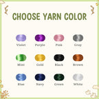 May include: An image with the text "CHOOSE YARN COLOR" above a grid of yarn color options. The colors include violet, purple, pink, gray, mint, gold, black, brown, blue, navy, green, and white.