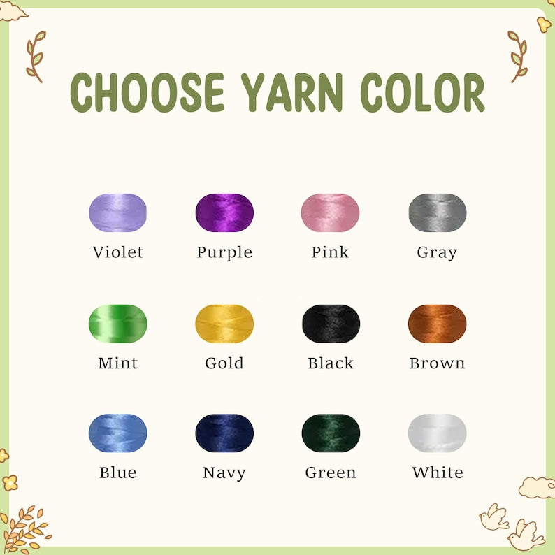 May include: An image with the text "CHOOSE YARN COLOR" above a grid of yarn color options. The colors include violet, purple, pink, gray, mint, gold, black, brown, blue, navy, green, and white.