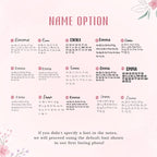 May include: A font selection chart titled NAME OPTION featuring fifteen distinct typography styles labeled F1 through F15. Each entry displays the name Emma and the full alphabet in uppercase and lowercase letters. Text at the bottom provi