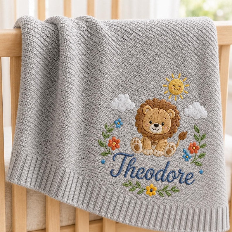Personalized Embroidered Baby Blanket, Custom Lion Name Soft Knit Blanket, Minimal Nursery Newborn Blanket, Nursery Gift image 2