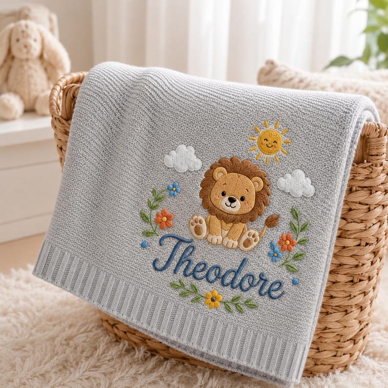 May include: A light gray knitted baby blanket featuring an embroidered design of a brown lion, a yellow sun, white clouds, and colorful flowers. The name Theodore is embroidered in dark blue script below the lion, surrounded by green leave