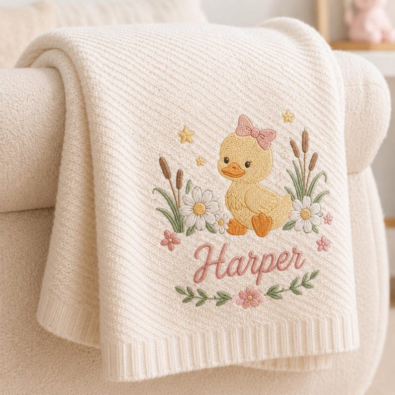 Personalized Duck Embroidered Baby Blanket, Custom Name Soft Knit Blanket, Soft Floral Newborn Blanket, Nursery Gift, Baby, Cute Style image 2