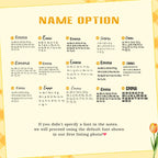 May include: A font selection chart titled NAME OPTION featuring fifteen distinct styles labeled F1 through F15. Each option displays the name Emma followed by the full alphabet in both uppercase and lowercase letters. Text at the bottom re