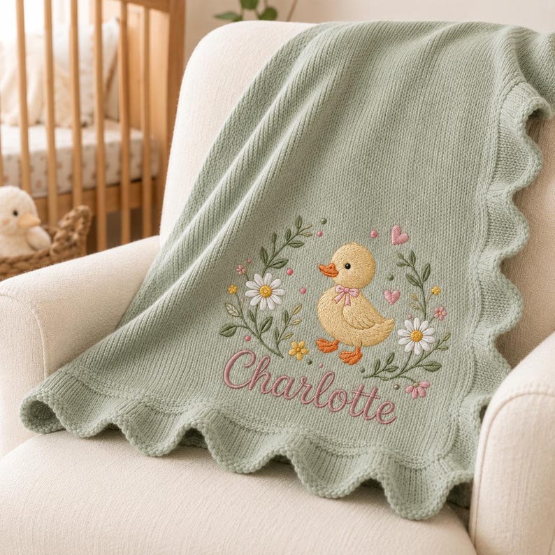 Cute Duck Personalized Embroidered Baby Blanket, Floral Custom Name Soft Knit Blanket, Minimal Nursery Newborn Blanket, Baby Blanket image 8