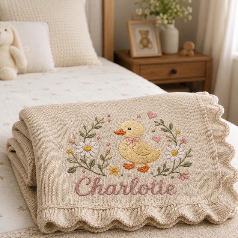 May include: A beige knitted baby blanket with a scalloped edge, featuring an embroidered design of a yellow duckling surrounded by white daisies, green leaves, and small pink hearts, with the name Charlotte stitched in pink cursive script.