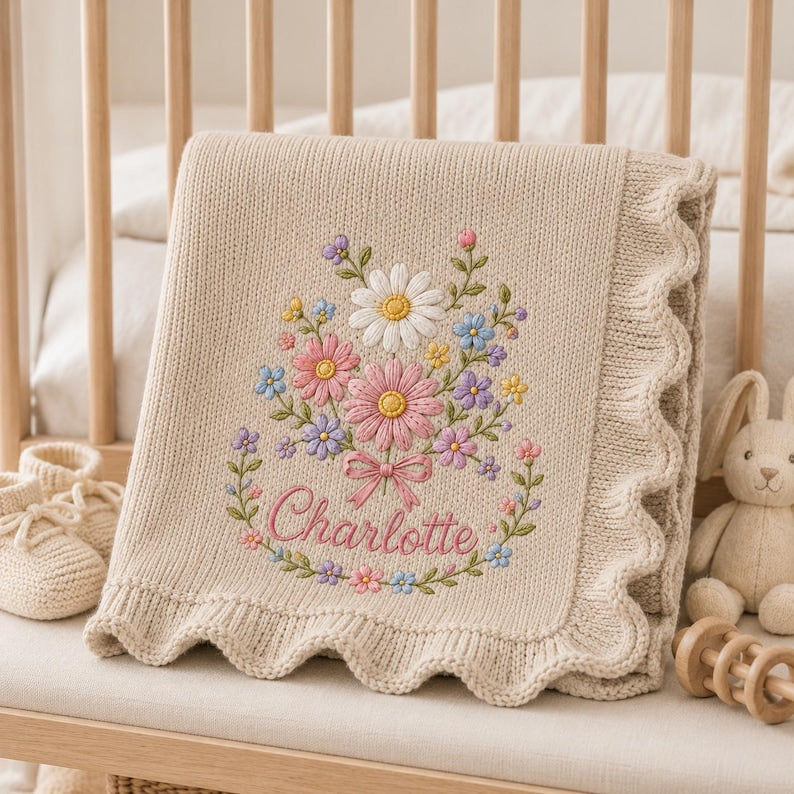 May include: A beige knitted baby blanket featuring a scalloped edge and an embroidered floral bouquet design. The center displays the name Charlotte in pink cursive script, surrounded by colorful daisies and small flowers in shades of pink