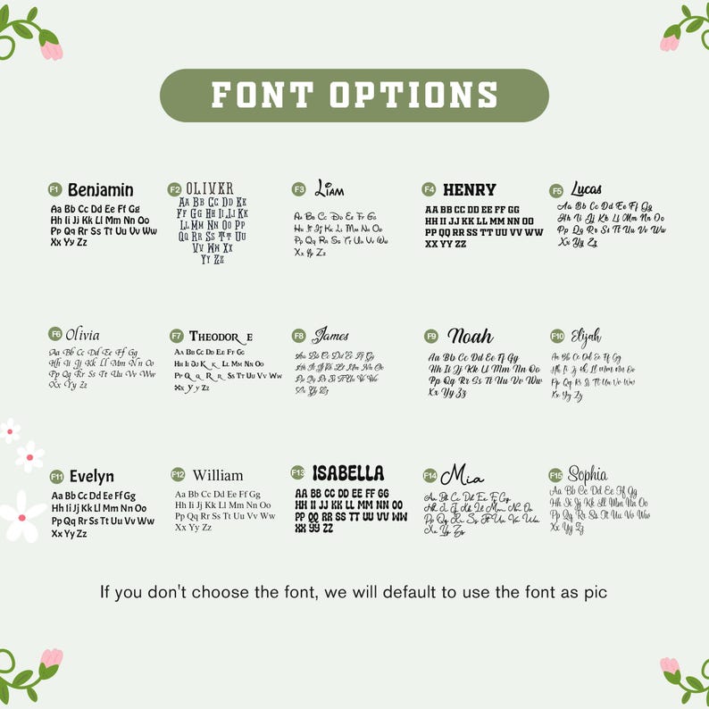 May include: A chart titled FONT OPTIONS displaying fifteen distinct typeface styles labeled F1 through F15. Each entry features a name and the full alphabet in uppercase and lowercase letters. The text at the bottom reads: If you don't choose the fo