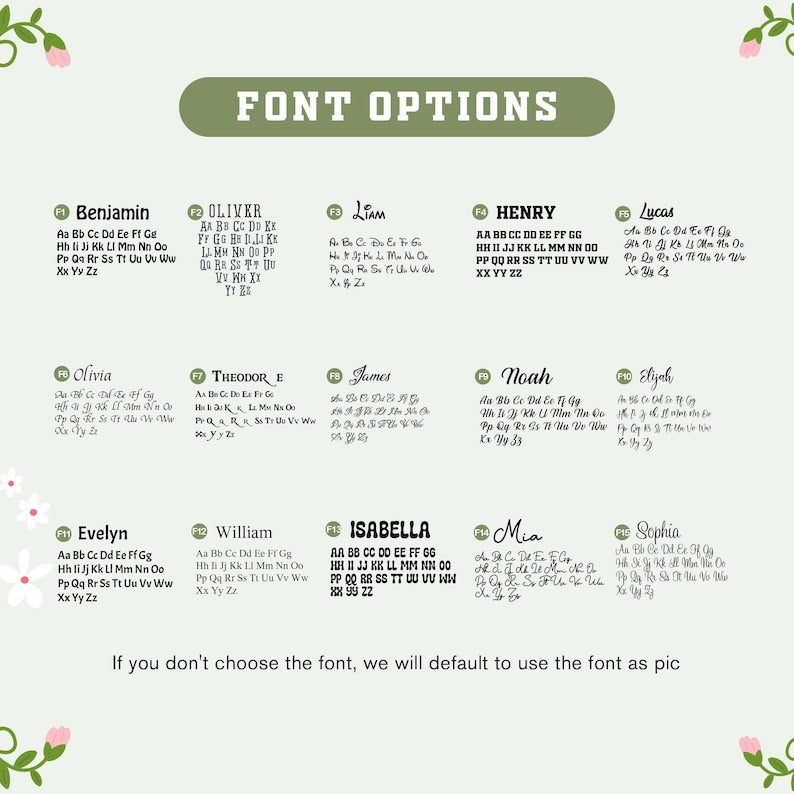 May include: A chart titled FONT OPTIONS displaying fifteen distinct typeface styles labeled F1 through F15. Each entry features a name and the full alphabet in uppercase and lowercase letters. The text at the bottom reads: If you don't cho