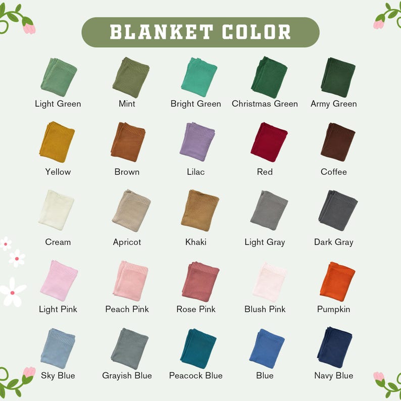 May include: A color chart titled BLANKET COLOR displaying twenty small, folded fabric swatches in various shades including light green, mint, bright green, christmas green, army green, yellow, brown, lilac, red, coffee, cream, apricot, khaki, light 