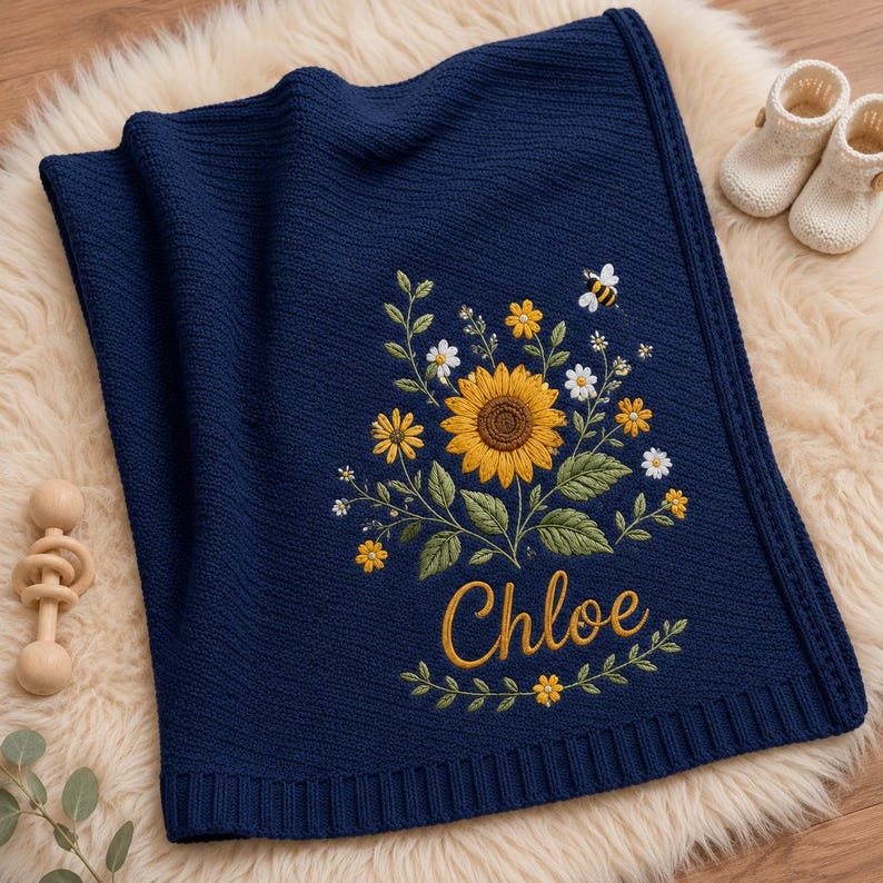 May include: A navy blue knitted baby blanket featuring an embroidered sunflower, smaller yellow and white flowers, green leaves, and a small bee. The name Chloe is embroidered in yellow cursive script below the floral design. A wooden rattle and cre