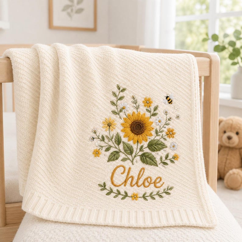 May include: A cream-colored knit baby blanket featuring an embroidered design of a large yellow sunflower, smaller white and yellow wildflowers, green leaves, and a small bee. The name Chloe is embroidered in gold cursive script below the flowers.