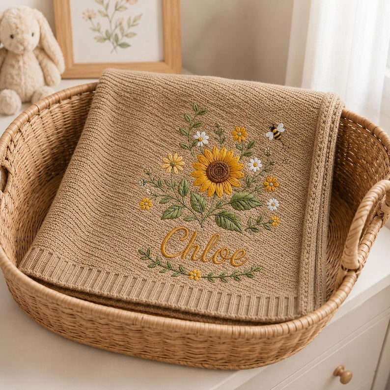 May include: A tan knitted blanket featuring an embroidered design of a large sunflower, smaller white and yellow flowers, green leaves, and a small bee. The name Chloe is embroidered in cursive script below the floral arrangement.