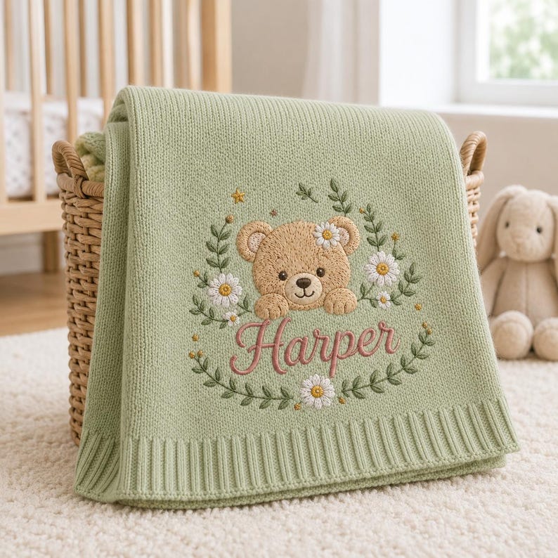 May include: A sage green knitted blanket featuring an embroidered design of a light brown teddy bear surrounded by a wreath of green leaves and white daisy flowers. The name Harper is embroidered in pink cursive script below the bear.