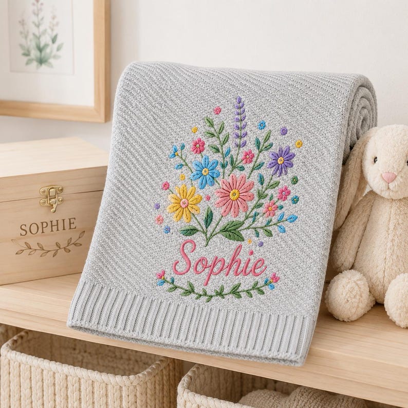 May include: A light gray knit blanket featuring a textured chevron pattern and a central embroidered bouquet of colorful wildflowers in shades of pink, yellow, blue, and purple, with the name Sophie stitched in pink cursive script below th