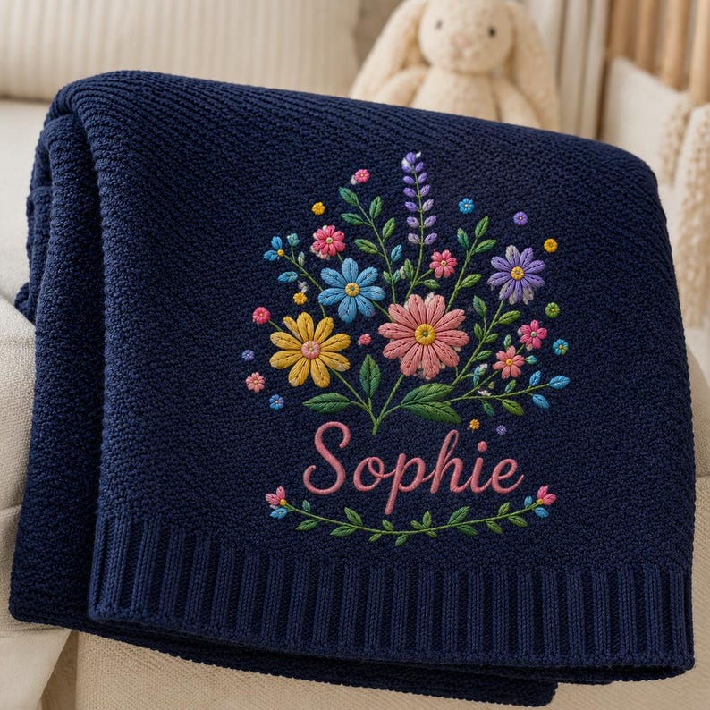 May include: A navy blue knitted blanket featuring a textured surface and a ribbed border. The center displays an embroidered bouquet of colorful flowers in shades of pink, yellow, blue, and purple, with the name Sophie stitched in pink scr
