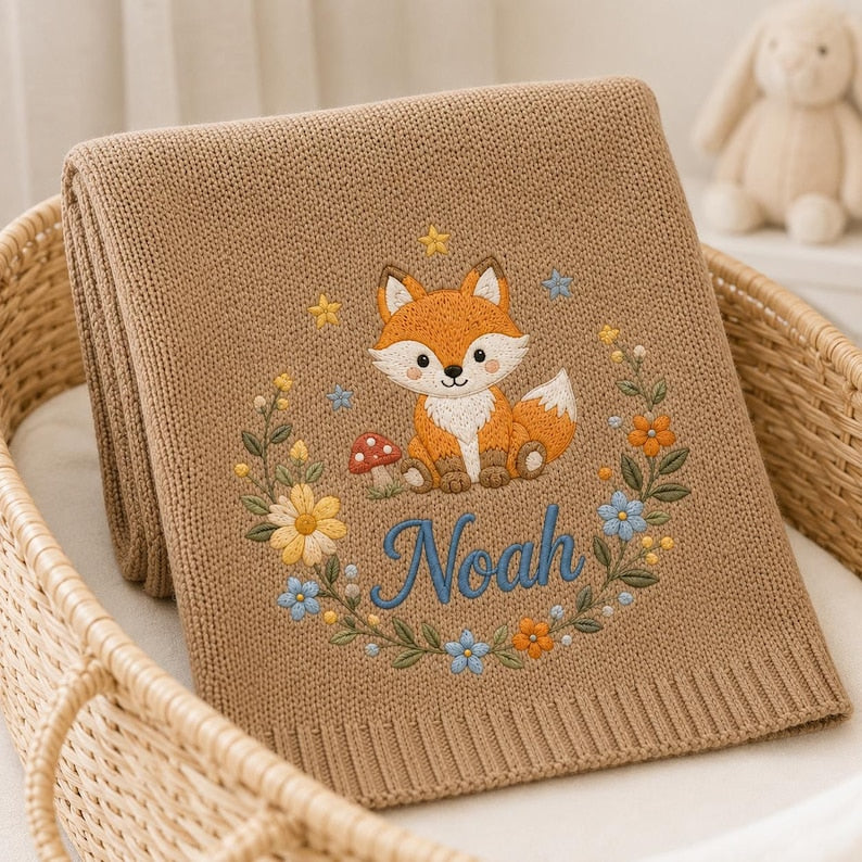Personalized Embroidered Baby Blanket, Custom Name Soft Knit Blanket, Soft Floral Fox Newborn Blanket, Cotton Newborn Gift image 7