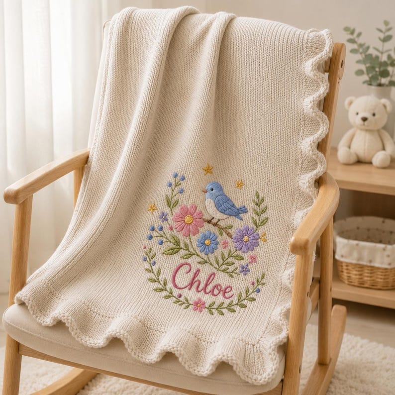 Blue Bird Baby Blanket with Custom Name, Personalized Floral Embroidered Knit Blanket, Garden Nursery Gift for Newborn Baby Girl image 9