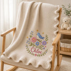 Blue Bird Baby Blanket with Custom Name, Personalized Floral Embroidered Knit Blanket, Garden Nursery Gift for Newborn Baby Girl image 9