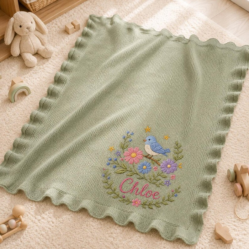 Blue Bird Baby Blanket with Custom Name, Personalized Floral Embroidered Knit Blanket, Garden Nursery Gift for Newborn Baby Girl image 10
