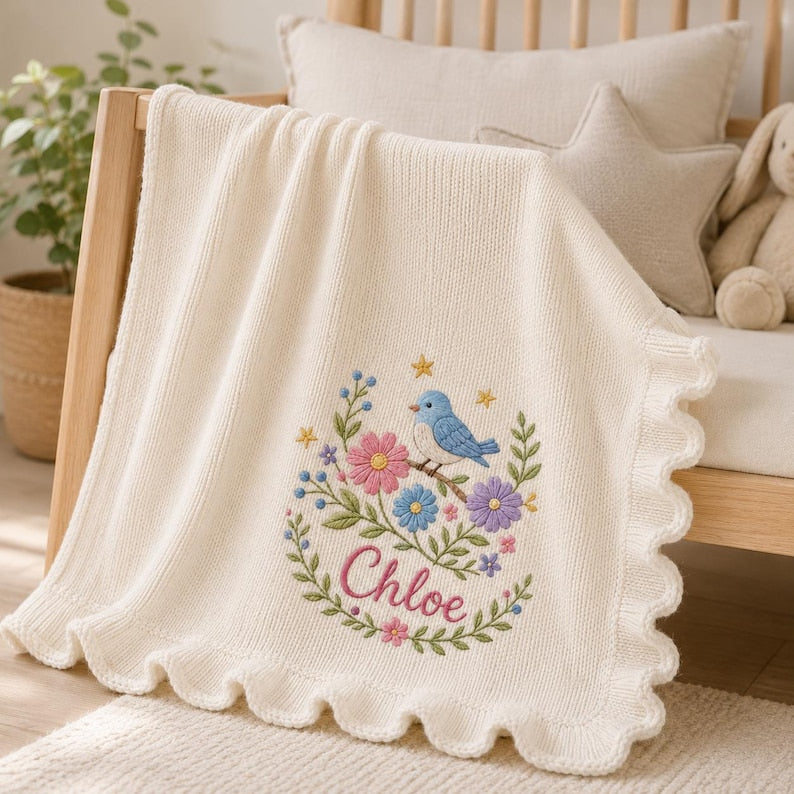 May include: A cream-colored knit baby blanket with a scalloped edge, featuring an embroidered design of a blue bird perched on a branch surrounded by pink, blue, and purple flowers, green leaves, and yellow stars, with the name Chloe embro
