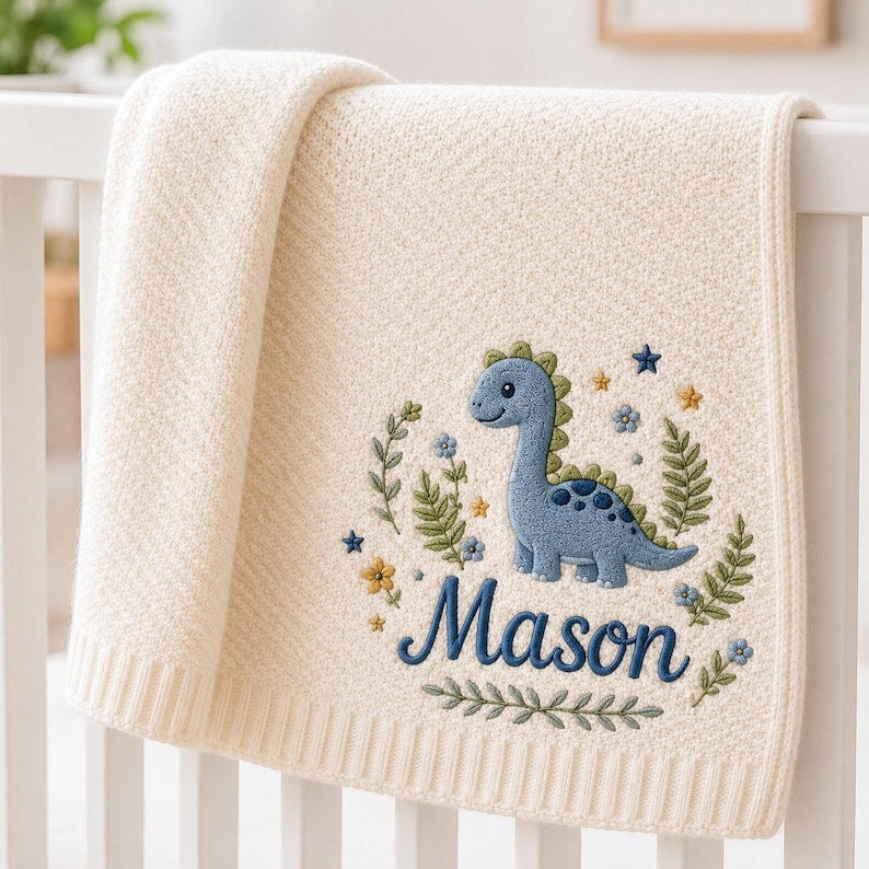 Personalized Baby Blanket with Embroidered Dinosaur, Custom Name Nursery Blanket, Baby Shower Gift for Boy