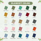 May include: A color chart titled BLANKET COLOR displaying twenty small, folded fabric swatches in various shades including light green, mint, bright green, christmas green, army green, yellow, brown, lilac, red, coffee, cream, apricot, kha