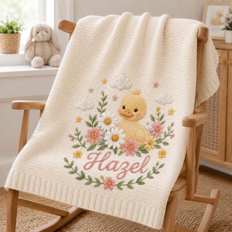May include: A cream-colored knit baby blanket featuring an embroidered design of a yellow duckling surrounded by white and pink flowers, green leaves, small stars, and clouds. The name Hazel is embroidered in pink script below the duckling
